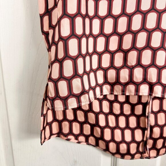 Zara Short Sleeve Blouse Burgundy Cream‎ Geometric Print Bow Satin Size XSmall - Picture 8 of 9